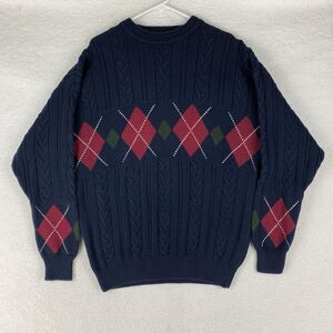 Vintage Woods & Gray Sweater Mens XL‎ Blue Cable Knit Argyle Preppy Heavy Cotton